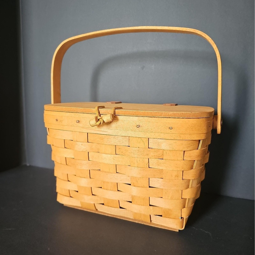 Vintage Longaberger Small Wood Basket Moving Handle Brown Handwoven 1994